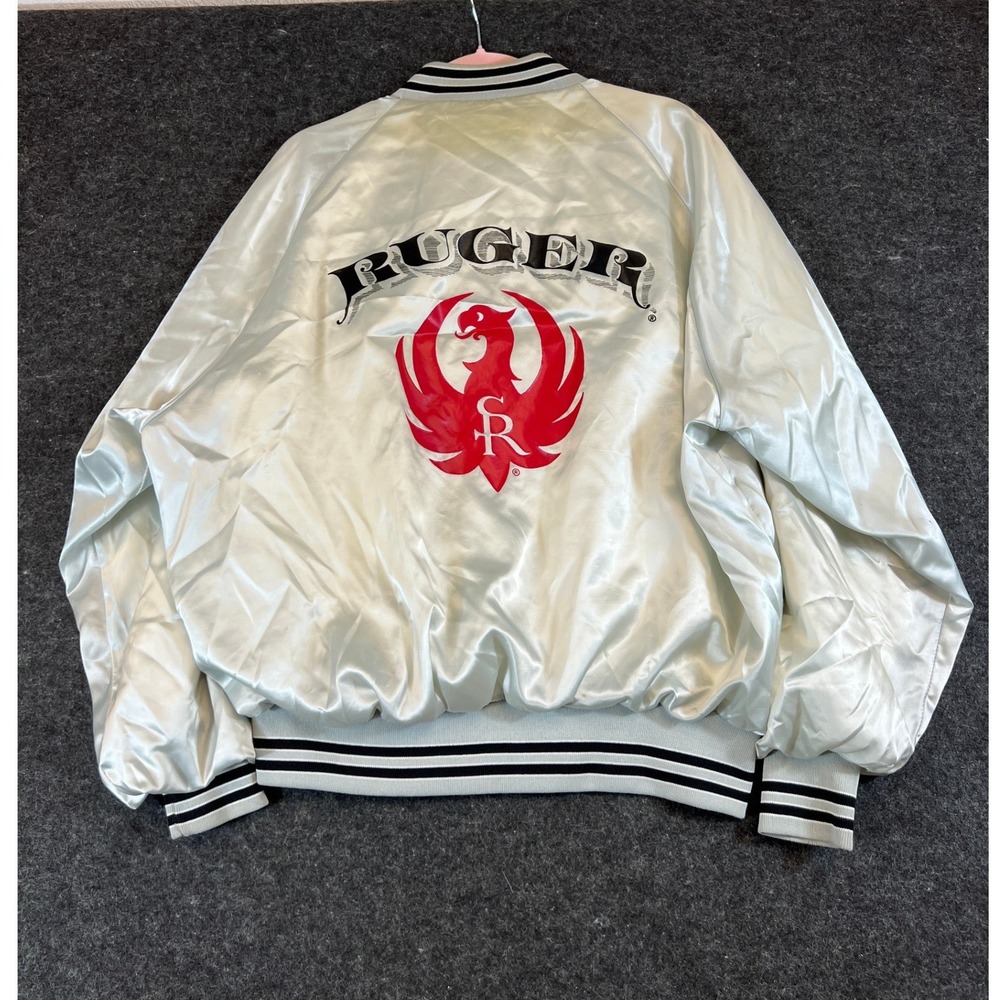 VTG 80s Ruger Satin Bomber Jacket Mens XL Silver Graphic Dunbrooke Varsity USA